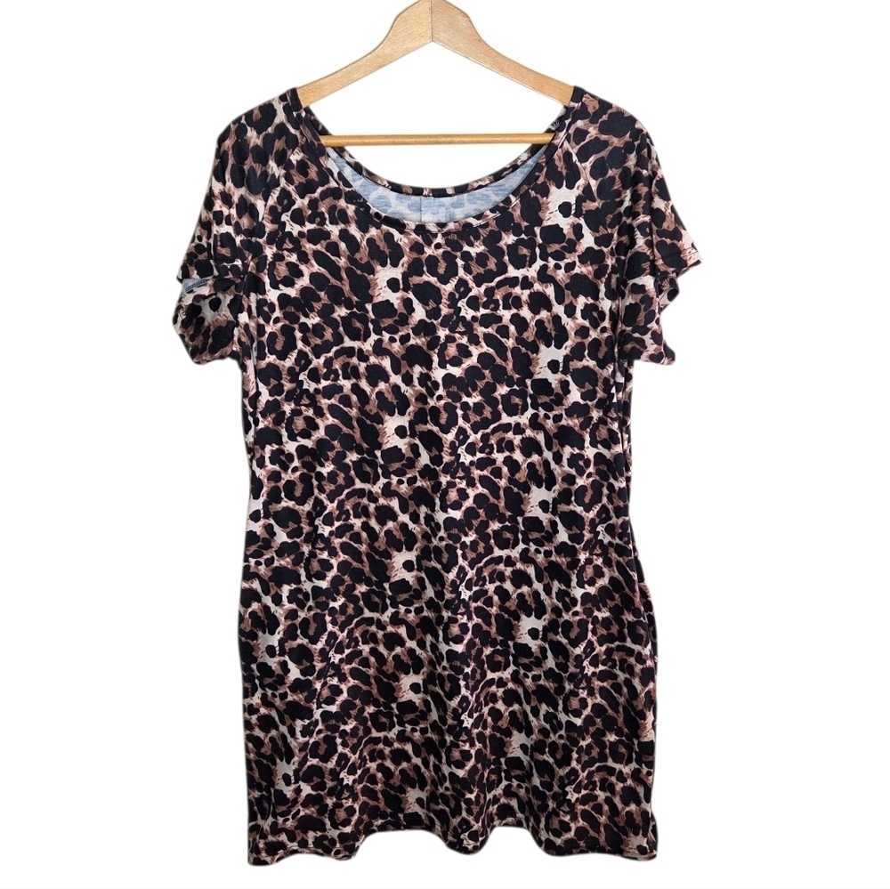 Brown Black Tan Leopard Print Short Sleeve T-shirt Dress with Pockets Size XL